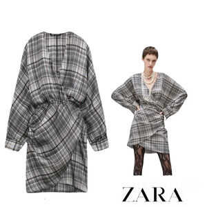 ZARA | Gray | PLAID SATIN EFFECT DRESS